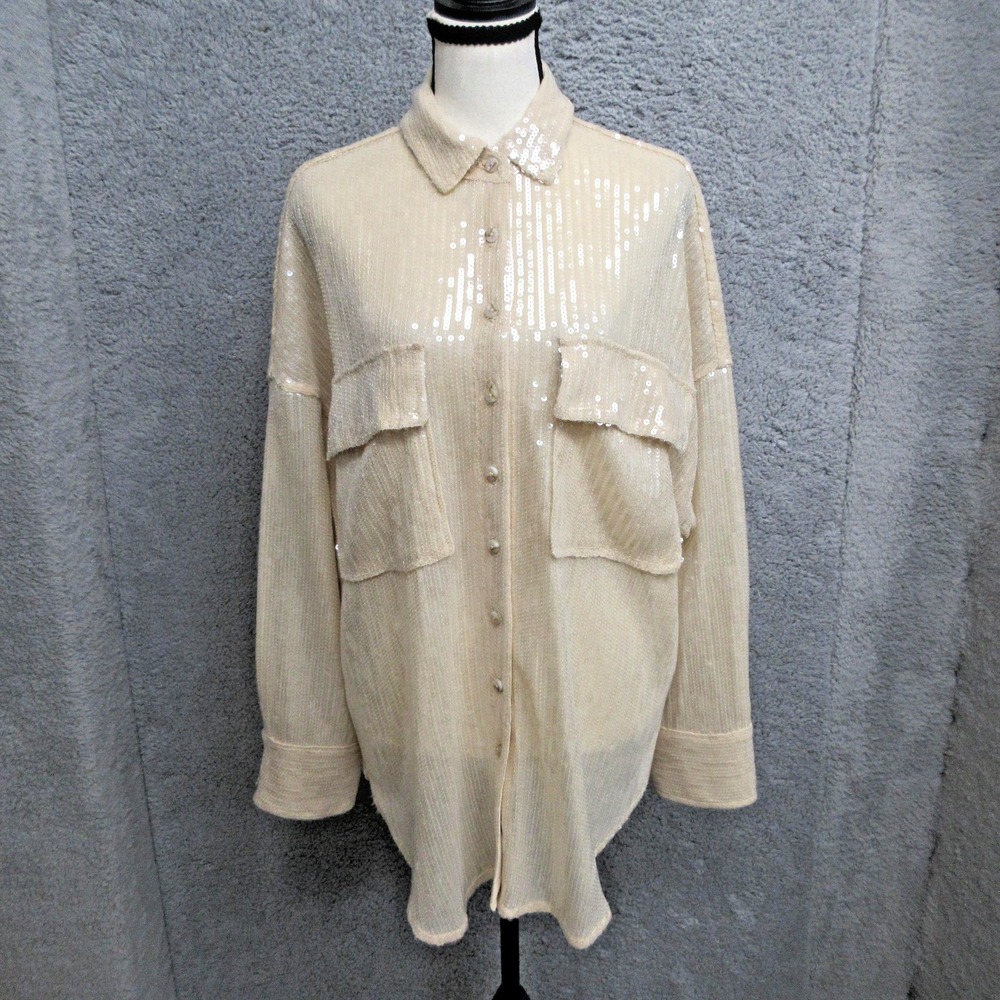 Pilcro Anthropologie Sequin Shirt Women S Beige Oversized Button Front Utility